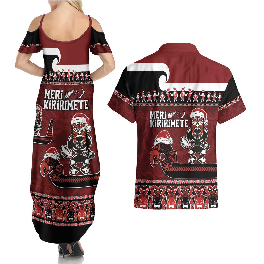 New Zealand Christmas Couples Matching Summer Maxi Dress and Hawaiian Shirt Meri Kirihimete Aotearoa Warrior on Waka with Maori Art Tattoo LT03 - Polynesian Pride