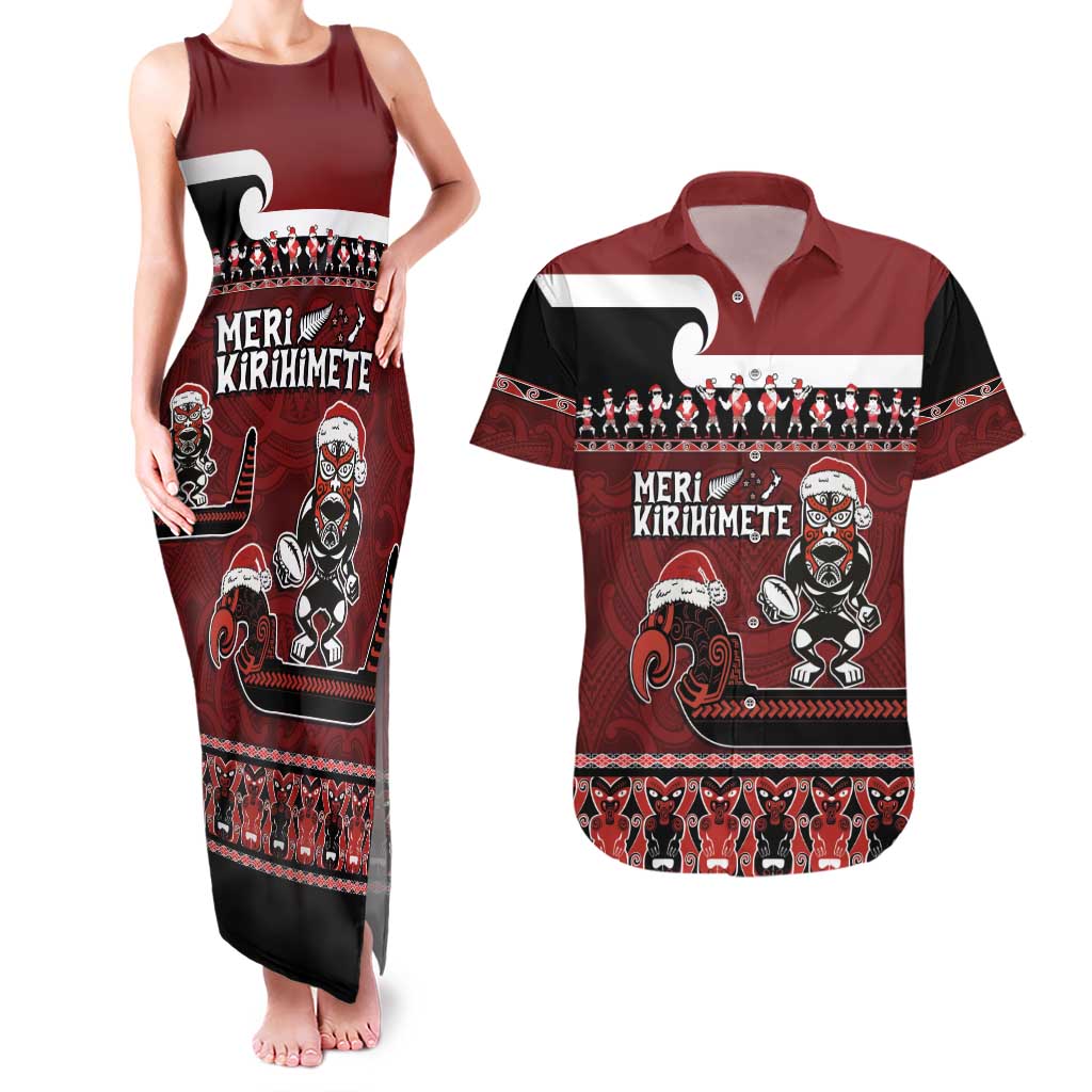 New Zealand Christmas Couples Matching Tank Maxi Dress and Hawaiian Shirt Meri Kirihimete Aotearoa Warrior on Waka with Maori Art Tattoo LT03 Red - Polynesian Pride