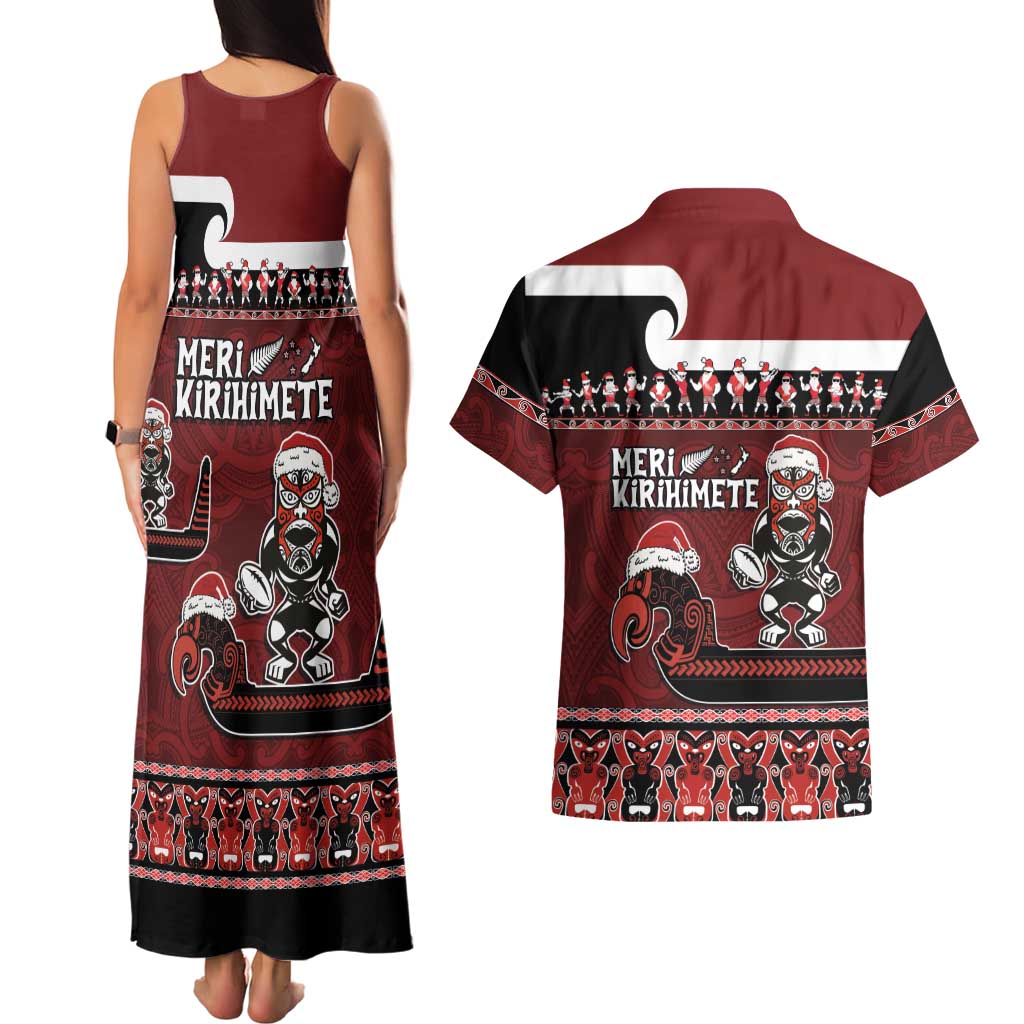 New Zealand Christmas Couples Matching Tank Maxi Dress and Hawaiian Shirt Meri Kirihimete Aotearoa Warrior on Waka with Maori Art Tattoo LT03 - Polynesian Pride