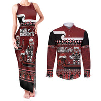 New Zealand Christmas Couples Matching Tank Maxi Dress and Long Sleeve Button Shirt Meri Kirihimete Aotearoa Warrior on Waka with Maori Art Tattoo LT03 Red - Polynesian Pride