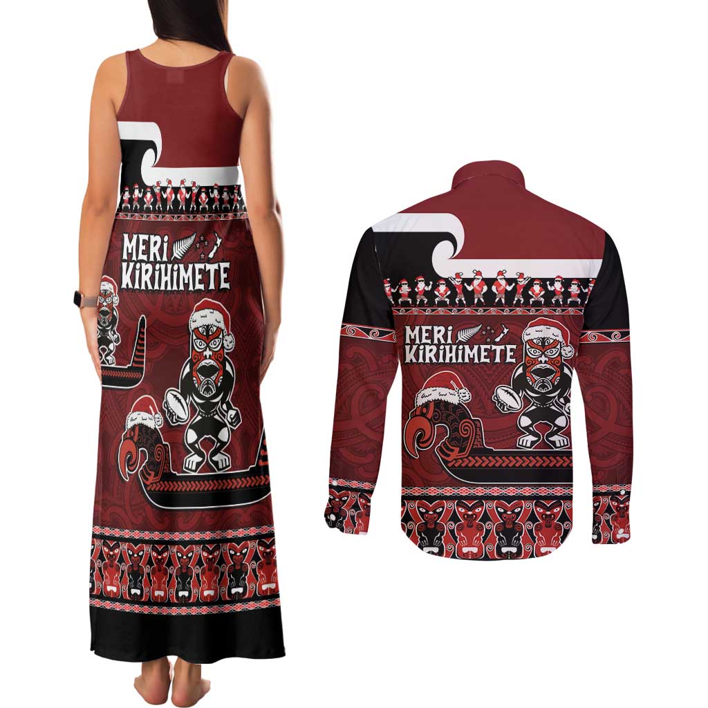 New Zealand Christmas Couples Matching Tank Maxi Dress and Long Sleeve Button Shirt Meri Kirihimete Aotearoa Warrior on Waka with Maori Art Tattoo LT03 - Polynesian Pride