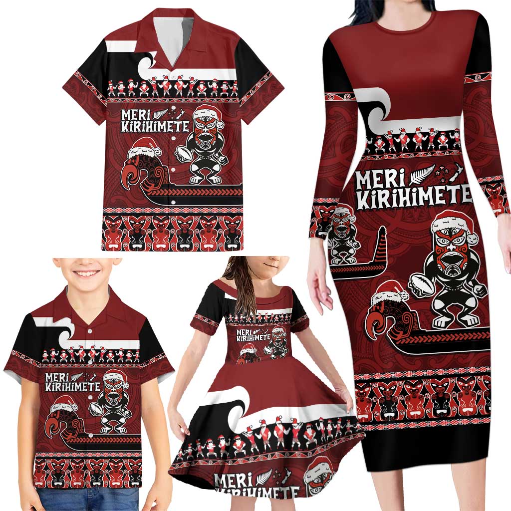 New Zealand Christmas Family Matching Long Sleeve Bodycon Dress and Hawaiian Shirt Meri Kirihimete Aotearoa Warrior on Waka with Maori Art Tattoo LT03 - Polynesian Pride