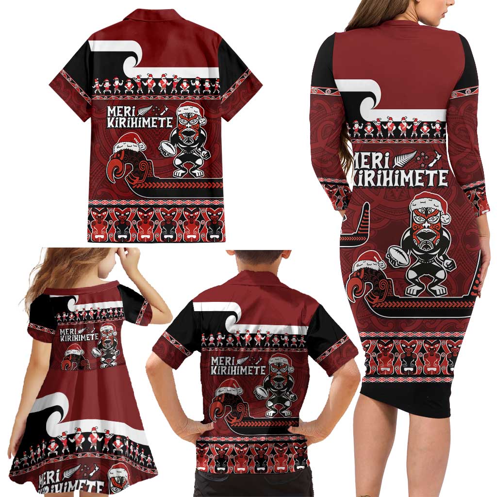 New Zealand Christmas Family Matching Long Sleeve Bodycon Dress and Hawaiian Shirt Meri Kirihimete Aotearoa Warrior on Waka with Maori Art Tattoo LT03 - Polynesian Pride