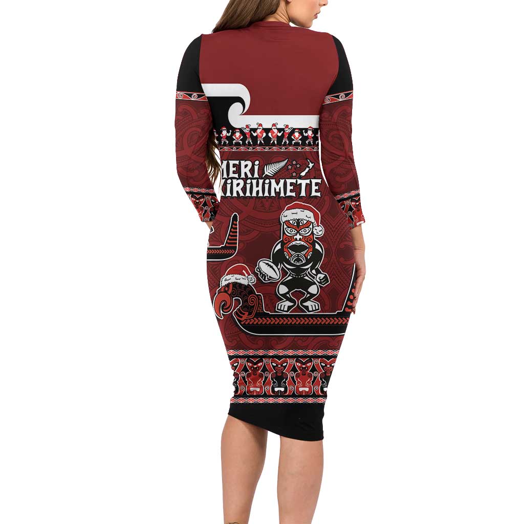 New Zealand Christmas Family Matching Long Sleeve Bodycon Dress and Hawaiian Shirt Meri Kirihimete Aotearoa Warrior on Waka with Maori Art Tattoo LT03 - Polynesian Pride