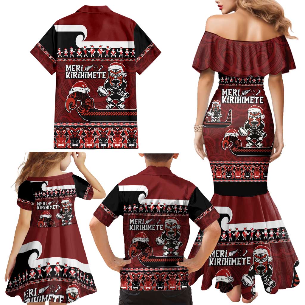 New Zealand Christmas Family Matching Mermaid Dress and Hawaiian Shirt Meri Kirihimete Aotearoa Warrior on Waka with Maori Art Tattoo LT03 - Polynesian Pride