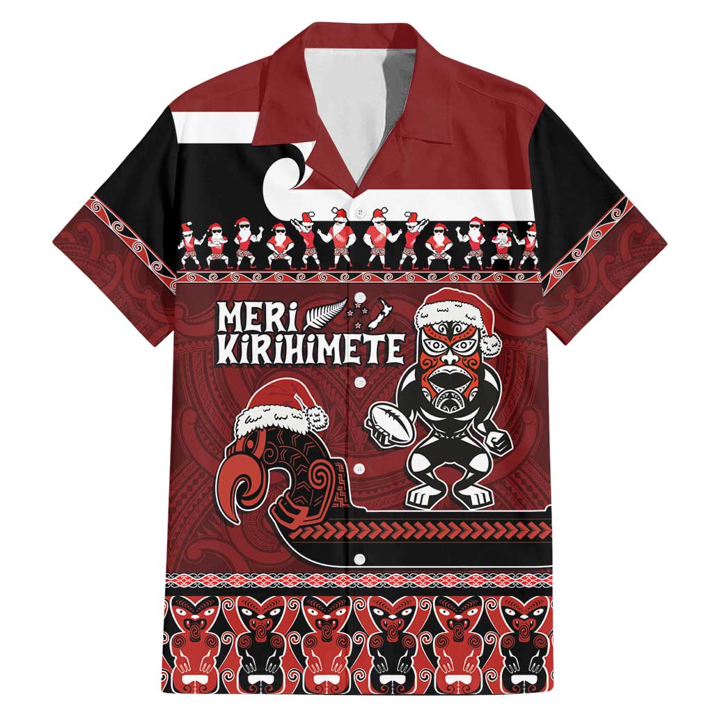 New Zealand Christmas Family Matching Mermaid Dress and Hawaiian Shirt Meri Kirihimete Aotearoa Warrior on Waka with Maori Art Tattoo LT03 Dad's Shirt - Short Sleeve Red - Polynesian Pride