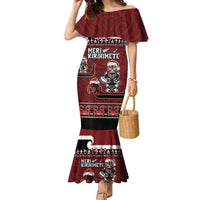 New Zealand Christmas Family Matching Mermaid Dress and Hawaiian Shirt Meri Kirihimete Aotearoa Warrior on Waka with Maori Art Tattoo LT03 Mom's Dress Red - Polynesian Pride