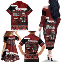 New Zealand Christmas Family Matching Off The Shoulder Long Sleeve Dress and Hawaiian Shirt Meri Kirihimete Aotearoa Warrior on Waka with Maori Art Tattoo LT03 - Polynesian Pride