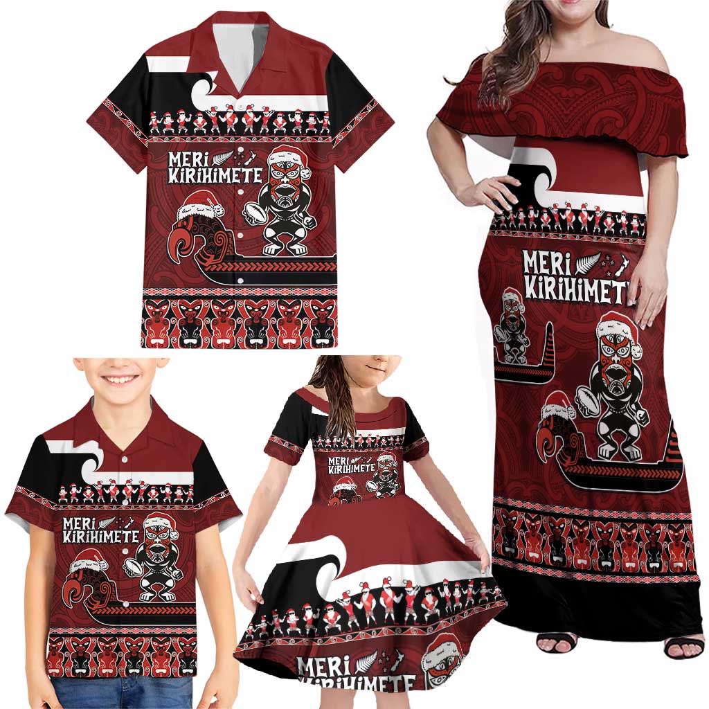 New Zealand Christmas Family Matching Off Shoulder Maxi Dress and Hawaiian Shirt Meri Kirihimete Aotearoa Warrior on Waka with Maori Art Tattoo LT03 - Polynesian Pride