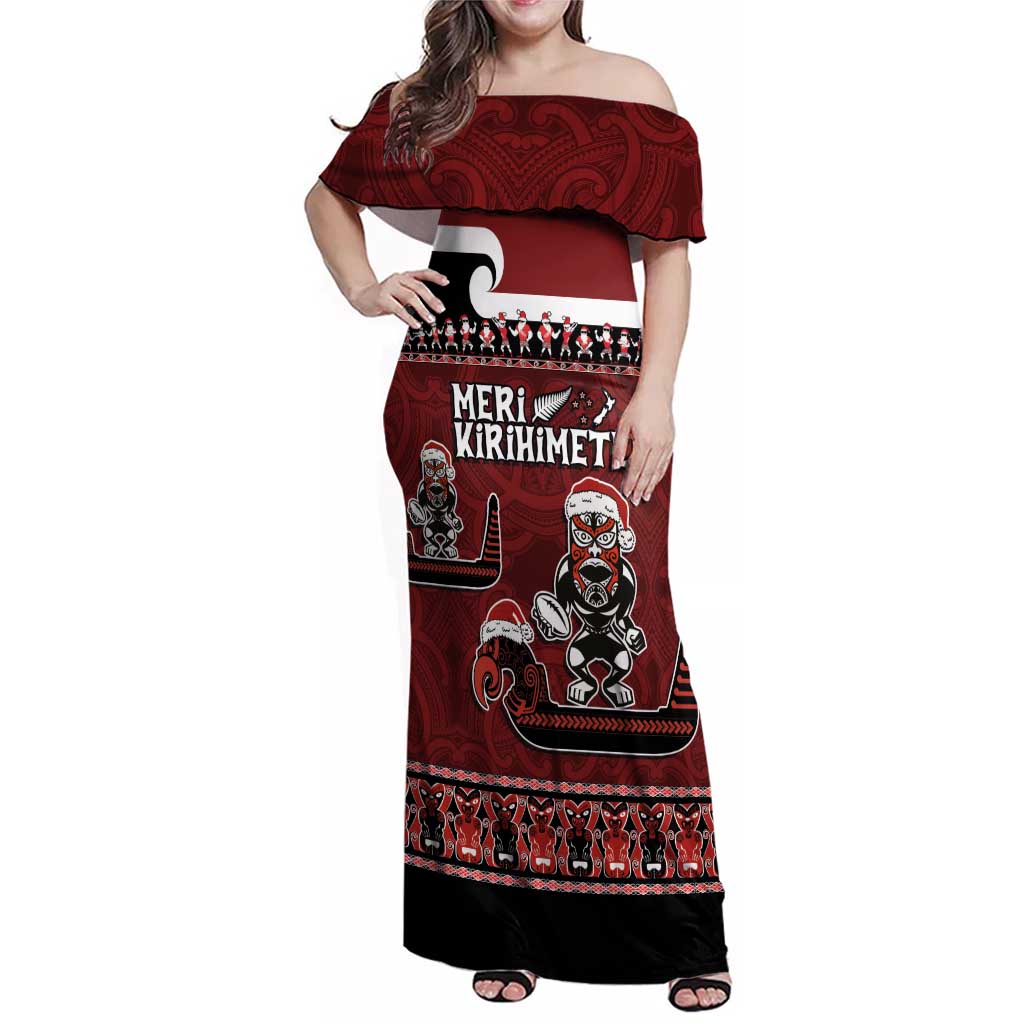 New Zealand Christmas Family Matching Off Shoulder Maxi Dress and Hawaiian Shirt Meri Kirihimete Aotearoa Warrior on Waka with Maori Art Tattoo LT03 Mom's Dress Red - Polynesian Pride