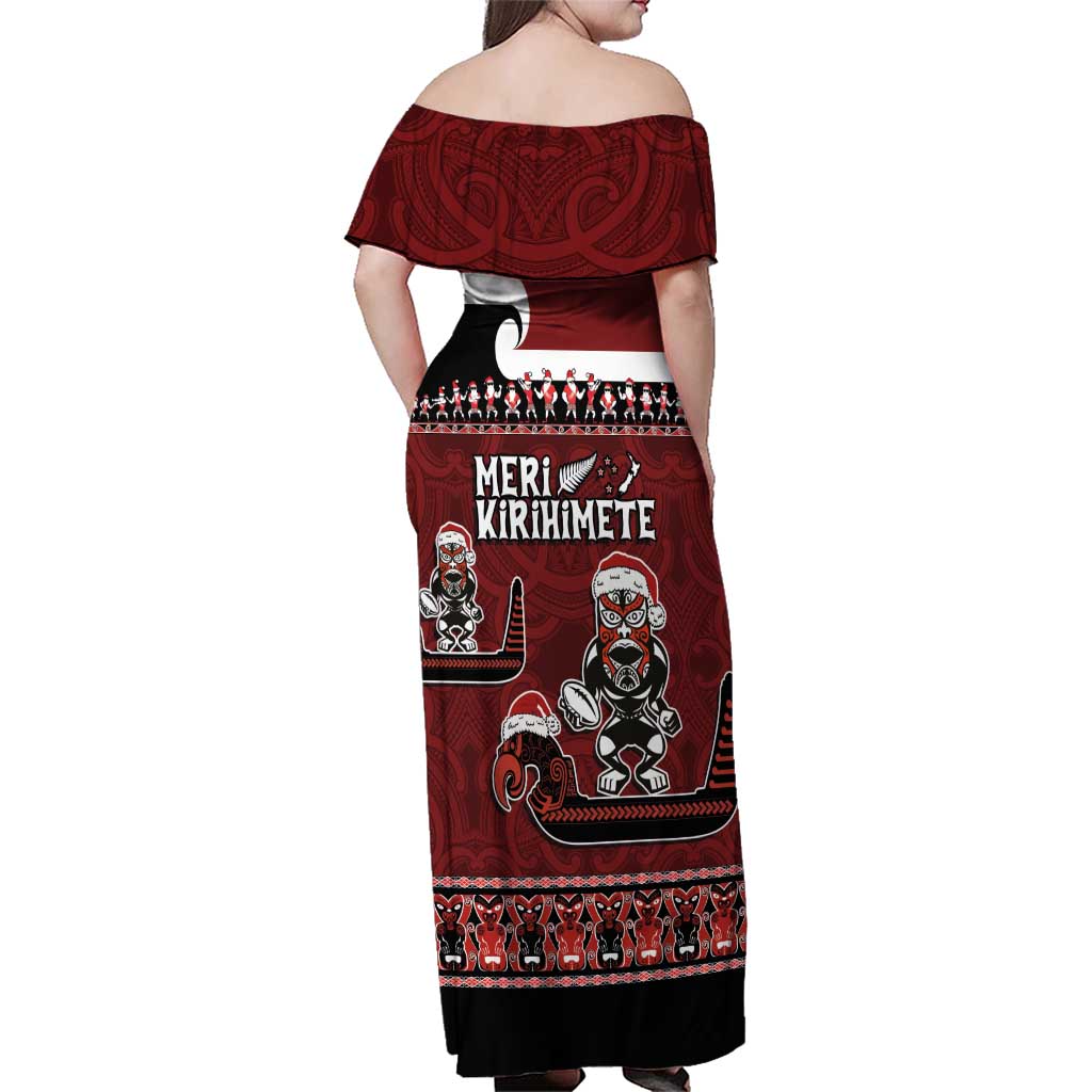 New Zealand Christmas Family Matching Off Shoulder Maxi Dress and Hawaiian Shirt Meri Kirihimete Aotearoa Warrior on Waka with Maori Art Tattoo LT03 - Polynesian Pride