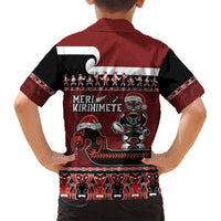 New Zealand Christmas Family Matching Off Shoulder Short Dress and Hawaiian Shirt Meri Kirihimete Aotearoa Warrior on Waka with Maori Art Tattoo LT03 - Polynesian Pride