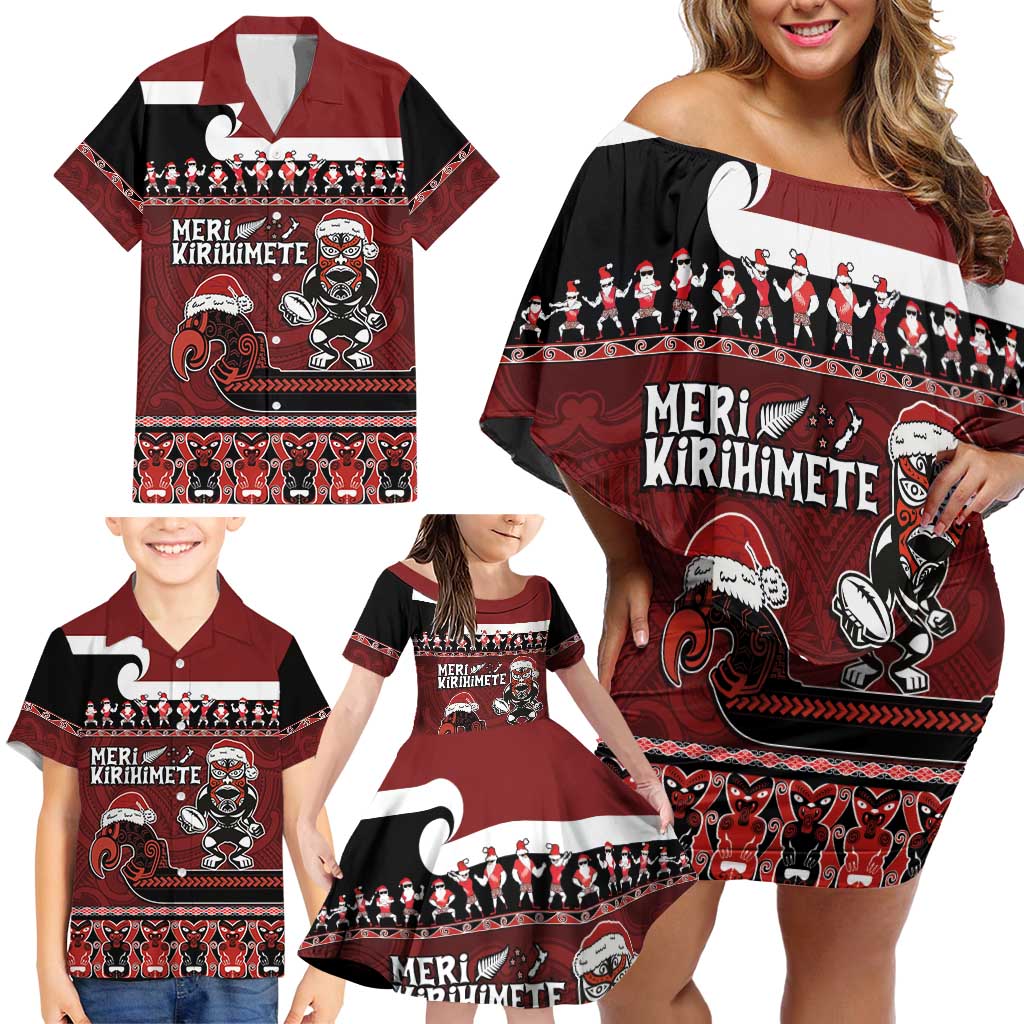 New Zealand Christmas Family Matching Off Shoulder Short Dress and Hawaiian Shirt Meri Kirihimete Aotearoa Warrior on Waka with Maori Art Tattoo LT03 - Polynesian Pride