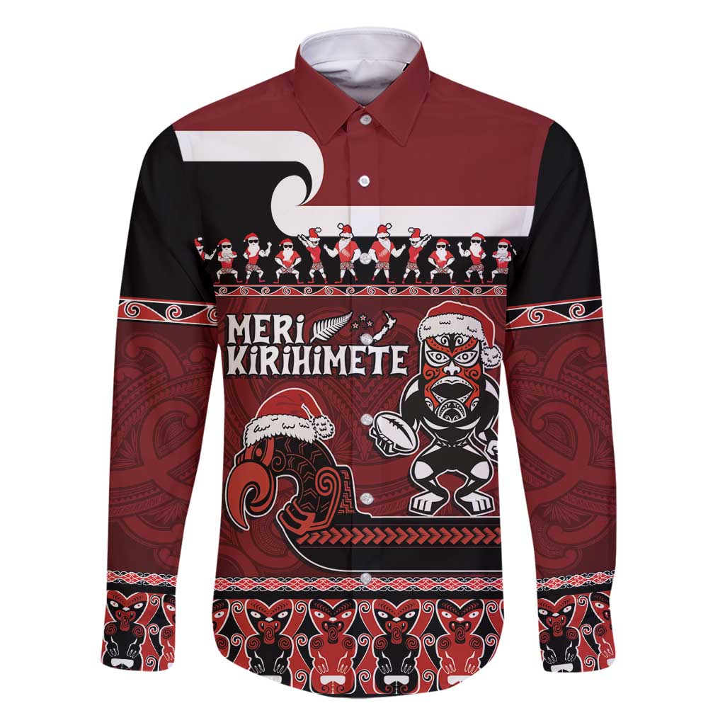New Zealand Christmas Family Matching Off Shoulder Short Dress and Hawaiian Shirt Meri Kirihimete Aotearoa Warrior on Waka with Maori Art Tattoo LT03 Dad's Shirt - Long Sleeve Red - Polynesian Pride