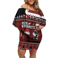 New Zealand Christmas Family Matching Off Shoulder Short Dress and Hawaiian Shirt Meri Kirihimete Aotearoa Warrior on Waka with Maori Art Tattoo LT03 Mom's Dress Red - Polynesian Pride