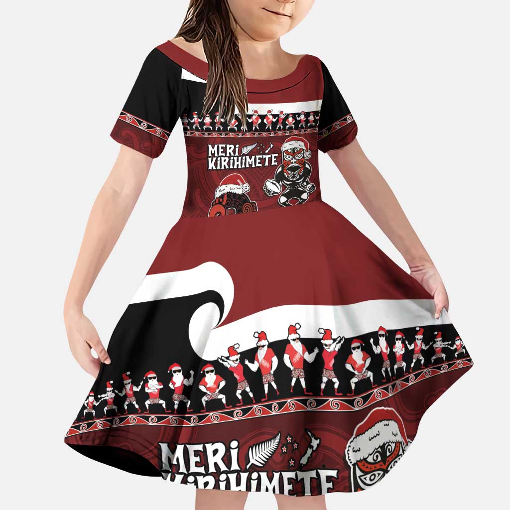 New Zealand Christmas Family Matching Puletasi and Hawaiian Shirt Meri Kirihimete Aotearoa Warrior on Waka with Maori Art Tattoo LT03 Daughter's Dress Red - Polynesian Pride