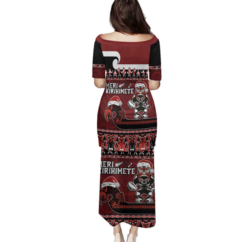 New Zealand Christmas Family Matching Puletasi and Hawaiian Shirt Meri Kirihimete Aotearoa Warrior on Waka with Maori Art Tattoo LT03 - Polynesian Pride