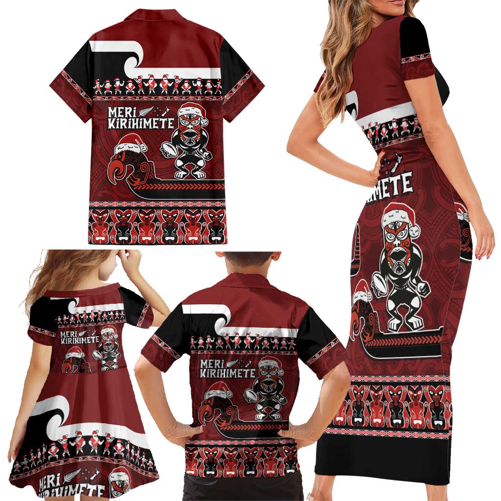 New Zealand Christmas Family Matching Short Sleeve Bodycon Dress and Hawaiian Shirt Meri Kirihimete Aotearoa Warrior on Waka with Maori Art Tattoo LT03 - Polynesian Pride