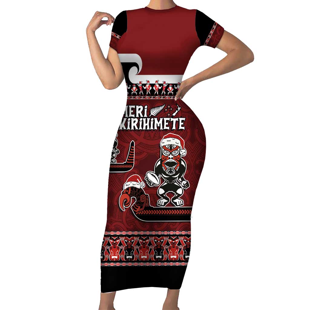New Zealand Christmas Family Matching Short Sleeve Bodycon Dress and Hawaiian Shirt Meri Kirihimete Aotearoa Warrior on Waka with Maori Art Tattoo LT03 Mom's Dress Red - Polynesian Pride