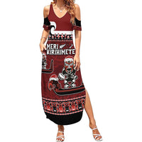 New Zealand Christmas Family Matching Summer Maxi Dress and Hawaiian Shirt Meri Kirihimete Aotearoa Warrior on Waka with Maori Art Tattoo LT03 Mom's Dress Red - Polynesian Pride