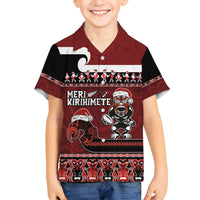 New Zealand Christmas Family Matching Summer Maxi Dress and Hawaiian Shirt Meri Kirihimete Aotearoa Warrior on Waka with Maori Art Tattoo LT03 Son's Shirt Red - Polynesian Pride
