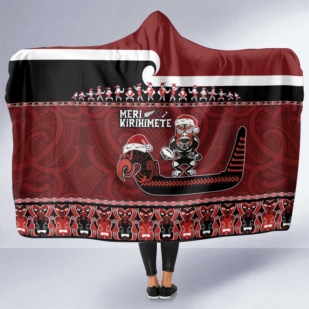 New Zealand Christmas Hooded Blanket Meri Kirihimete Aotearoa Warrior on Waka with Maori Art Tattoo LT03 One Size Red - Polynesian Pride