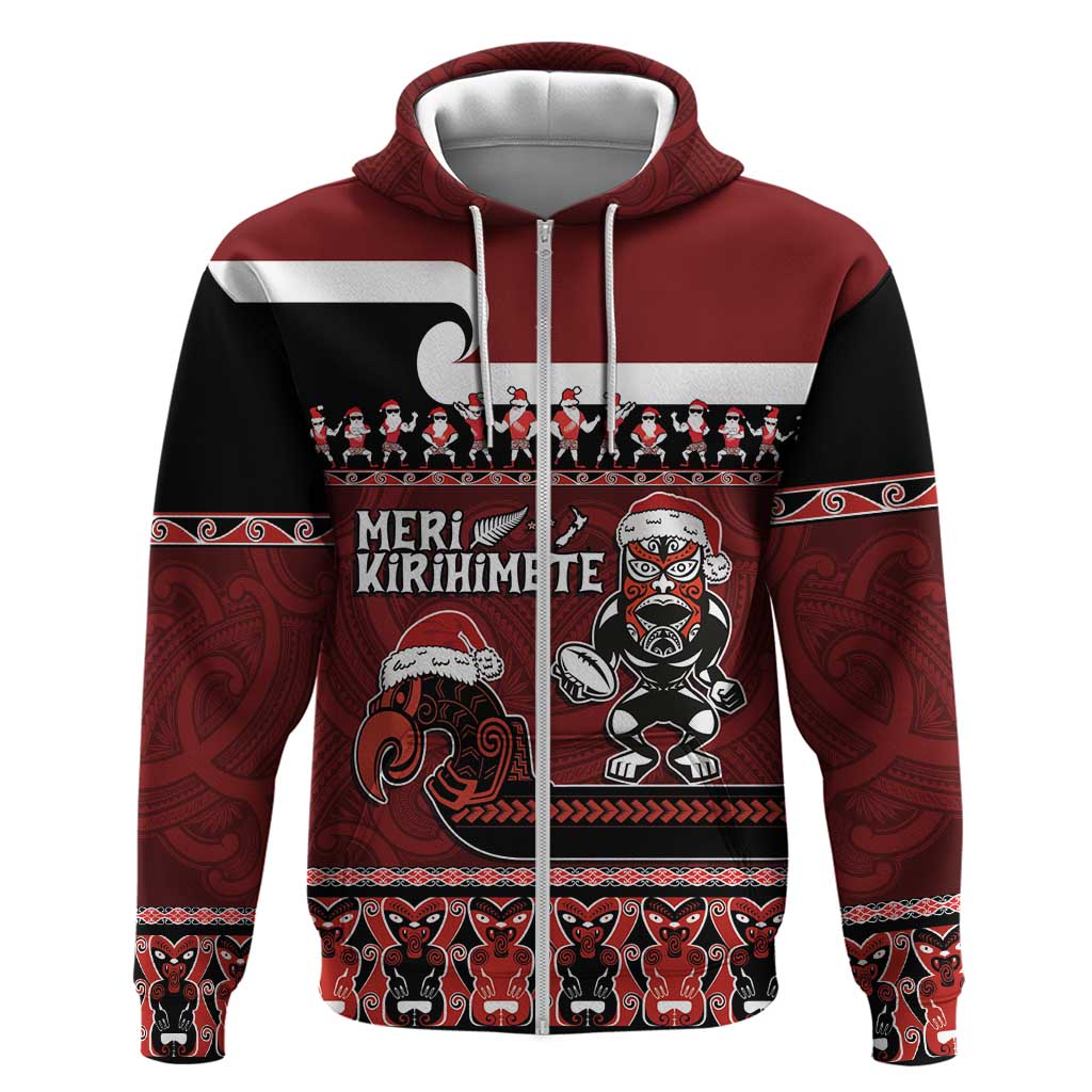 New Zealand Christmas Hoodie Meri Kirihimete Aotearoa Warrior on Waka with Maori Art Tattoo LT03 Zip Hoodie Red - Polynesian Pride
