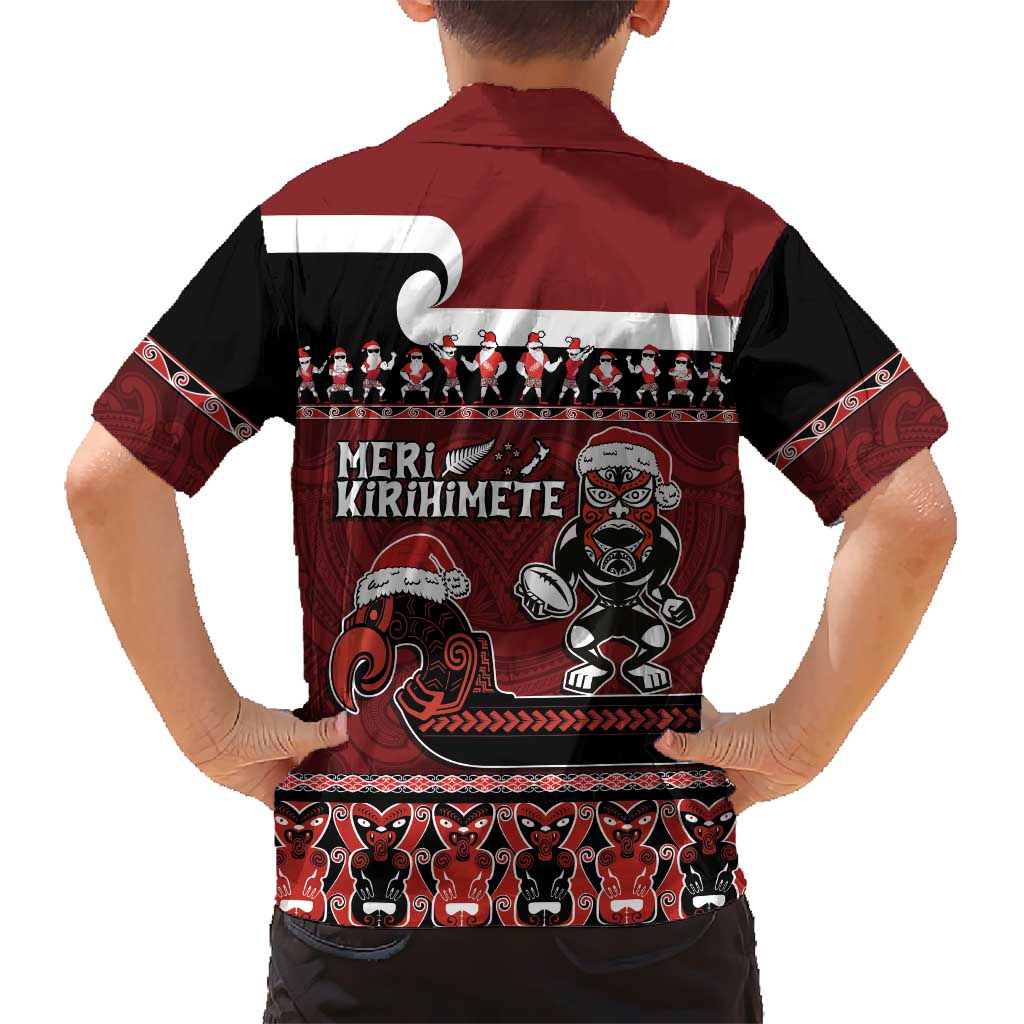 New Zealand Christmas Kid Hawaiian Shirt Meri Kirihimete Aotearoa Warrior on Waka with Maori Art Tattoo LT03 - Polynesian Pride