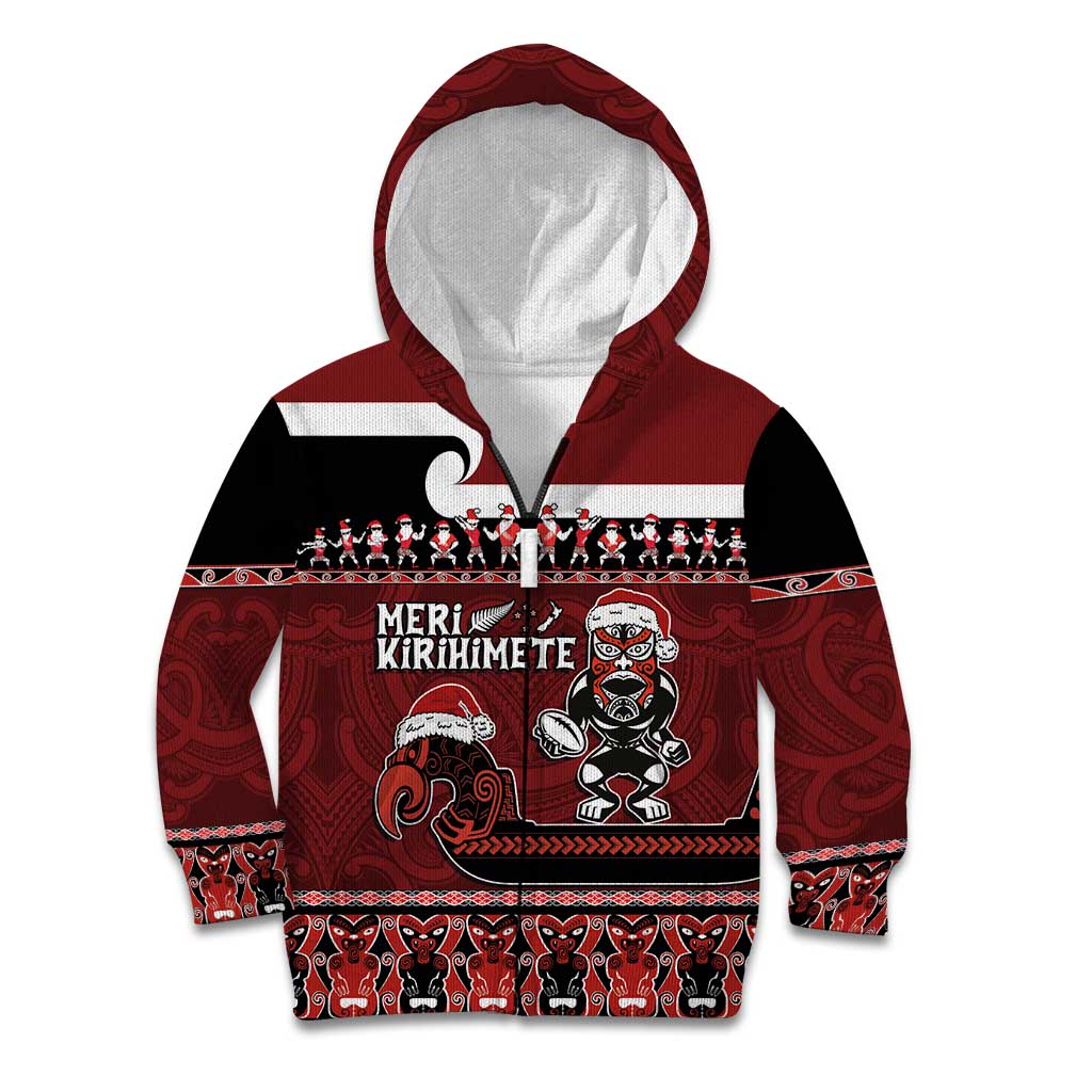 New Zealand Christmas Kid Hoodie Meri Kirihimete Aotearoa Warrior on Waka with Maori Art Tattoo LT03 Zip Hoodie Red - Polynesian Pride