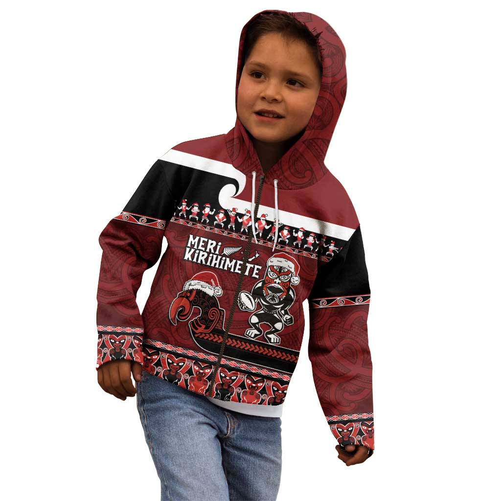 New Zealand Christmas Kid Hoodie Meri Kirihimete Aotearoa Warrior on Waka with Maori Art Tattoo LT03 - Polynesian Pride