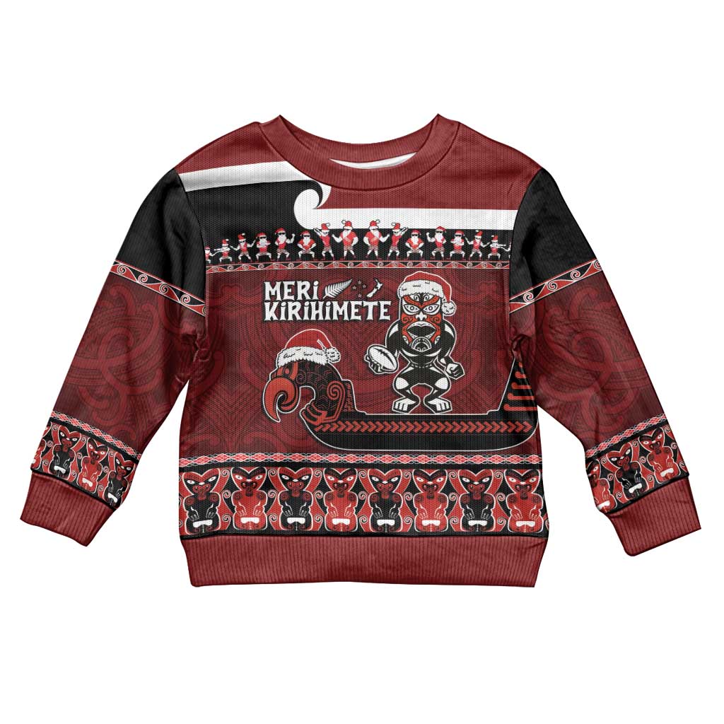 New Zealand Christmas Kid Ugly Christmas Sweater - Meri Kirihimete Aotearoa Warrior on Waka with Maori Art Tattoo LT03 Kid Red - Polynesian Pride
