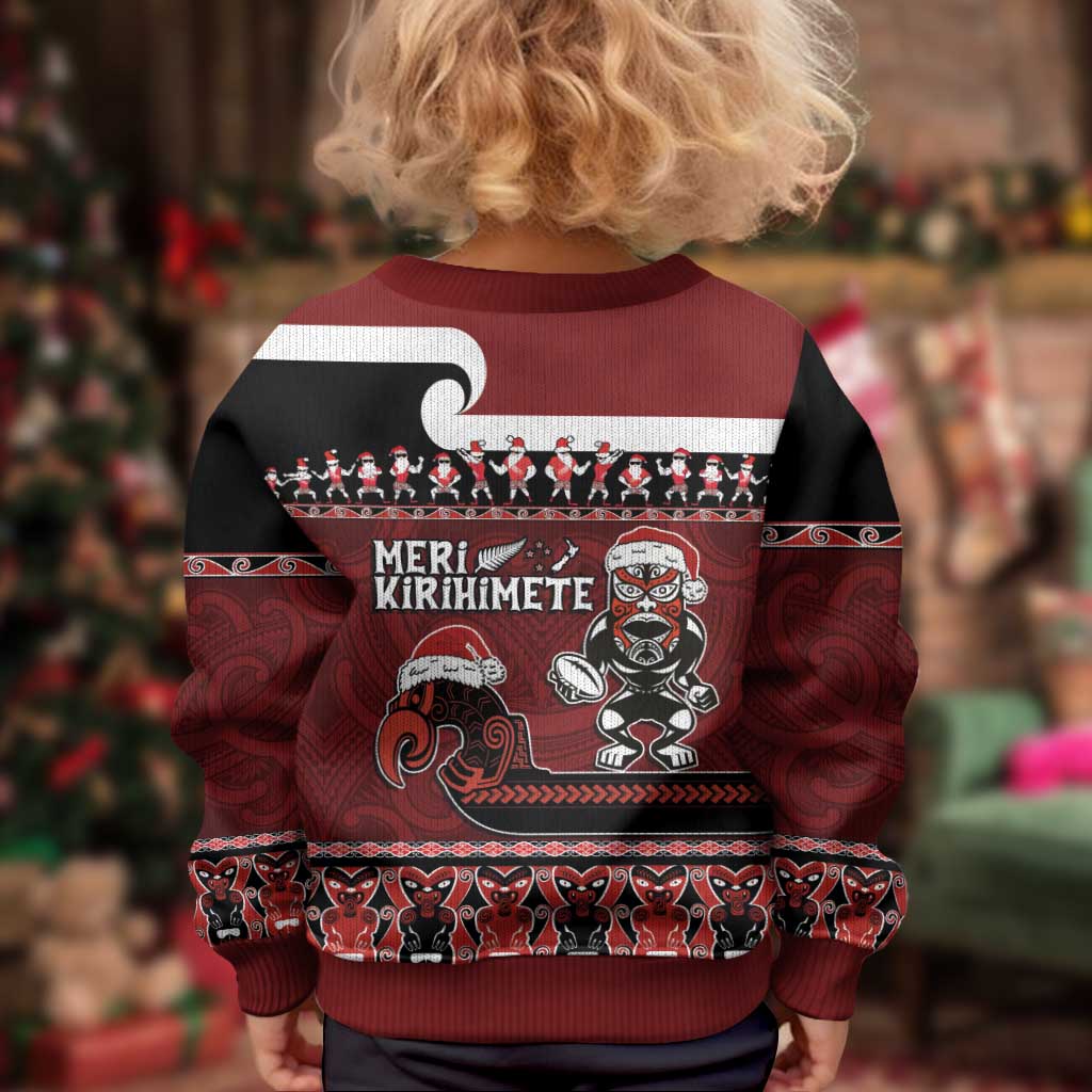 New Zealand Christmas Kid Ugly Christmas Sweater - Meri Kirihimete Aotearoa Warrior on Waka with Maori Art Tattoo LT03 - Polynesian Pride