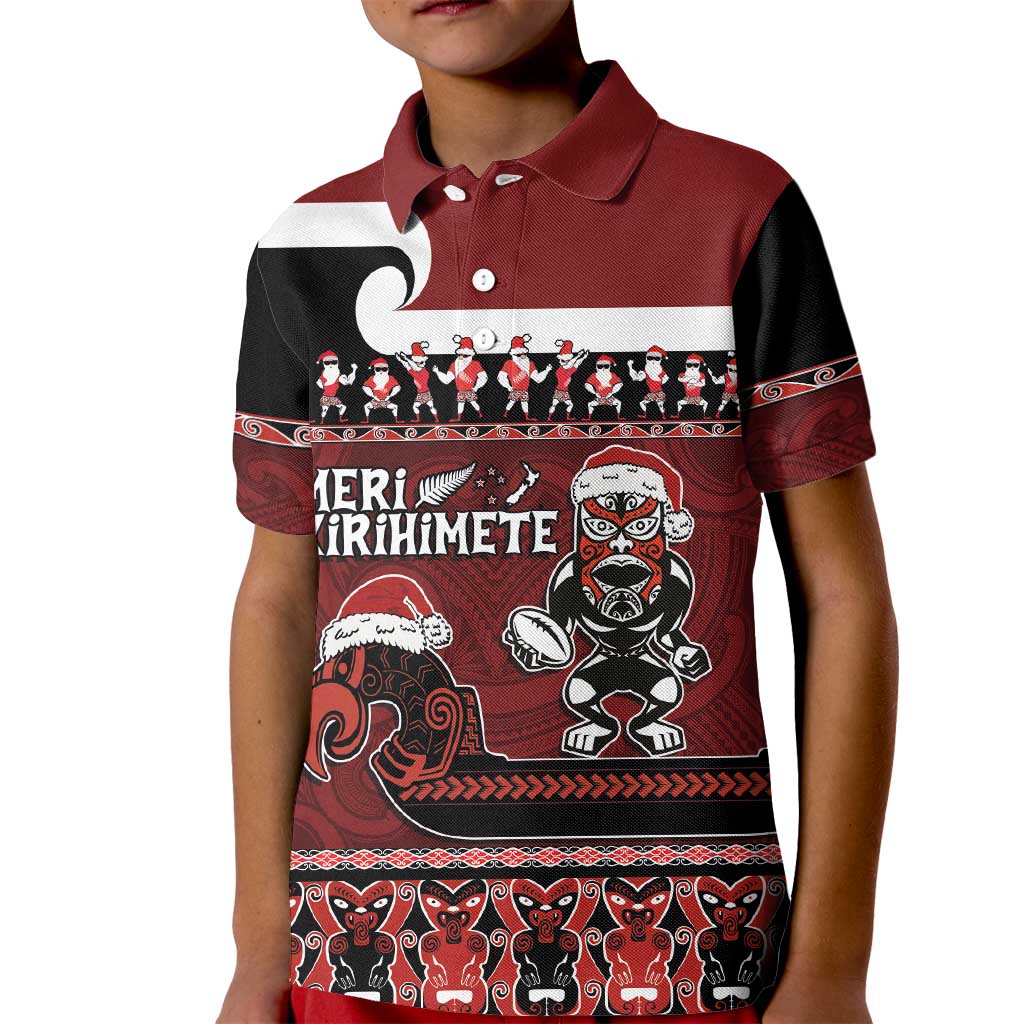 New Zealand Christmas Kid Polo Shirt Meri Kirihimete Aotearoa Warrior on Waka with Maori Art Tattoo LT03 Kid Red - Polynesian Pride