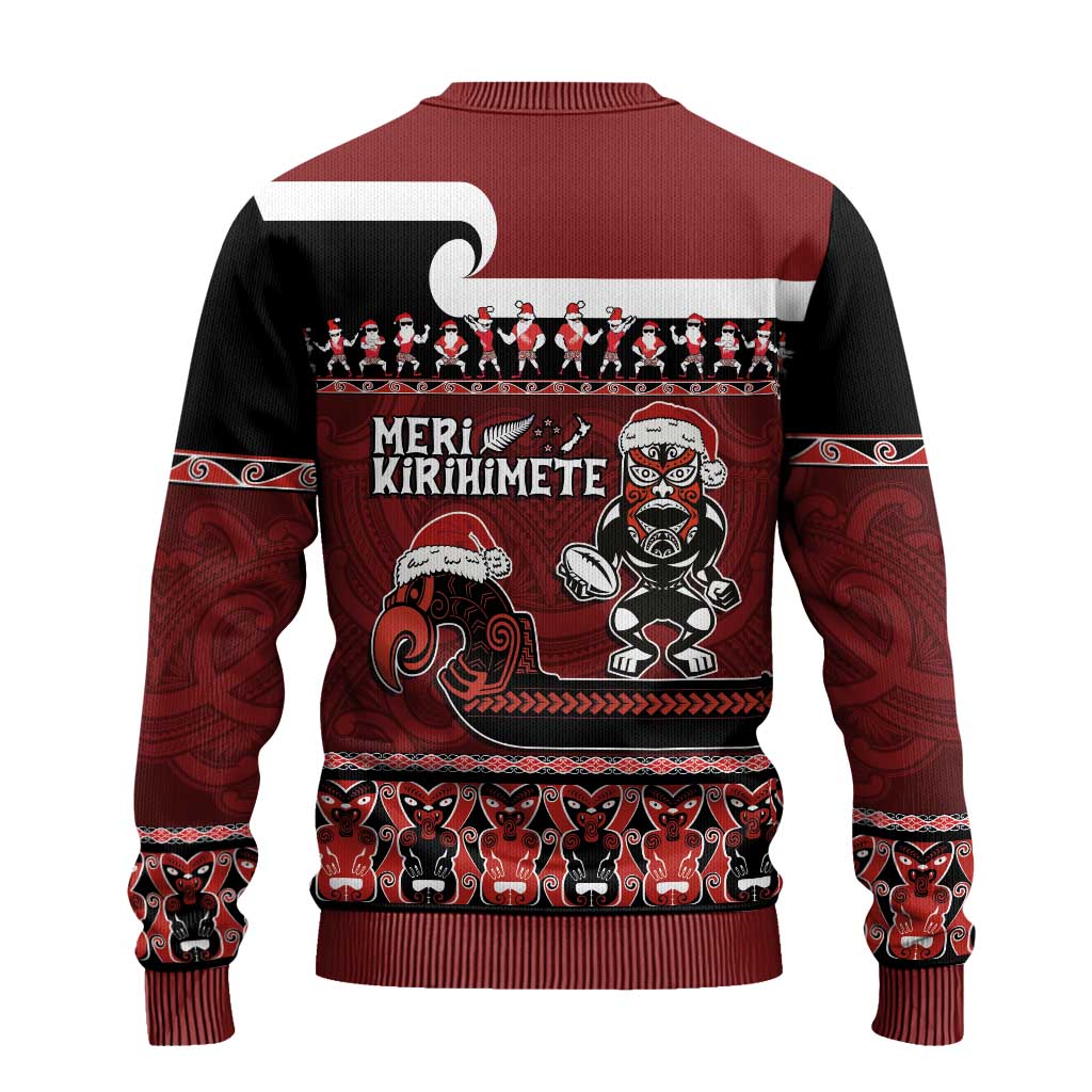 New Zealand Christmas Ugly Christmas Sweater - Meri Kirihimete Aotearoa Warrior on Waka with Maori Art Tattoo LT03 - Polynesian Pride