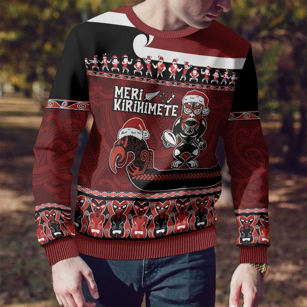 New Zealand Christmas Ugly Christmas Sweater - Meri Kirihimete Aotearoa Warrior on Waka with Maori Art Tattoo LT03 - Polynesian Pride