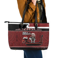 New Zealand Christmas Leather Tote Bag Meri Kirihimete Aotearoa Warrior on Waka with Maori Art Tattoo LT03 - Polynesian Pride