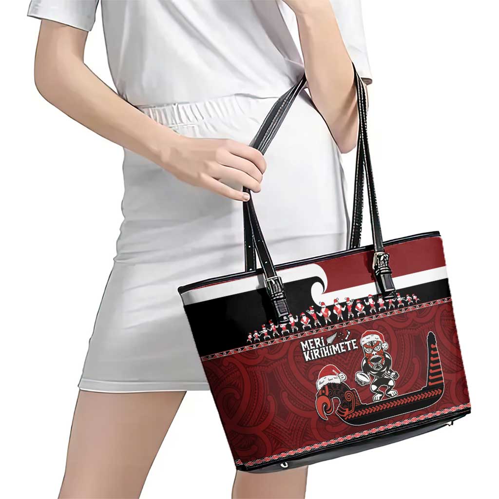 New Zealand Christmas Leather Tote Bag Meri Kirihimete Aotearoa Warrior on Waka with Maori Art Tattoo LT03 - Polynesian Pride