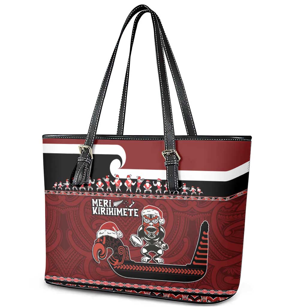 New Zealand Christmas Leather Tote Bag Meri Kirihimete Aotearoa Warrior on Waka with Maori Art Tattoo LT03 - Polynesian Pride