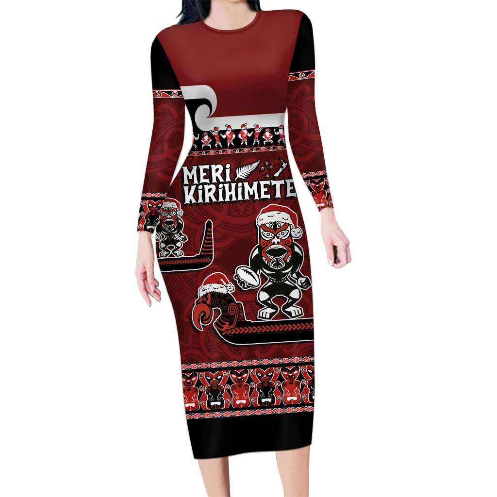 New Zealand Christmas Long Sleeve Bodycon Dress Meri Kirihimete Aotearoa Warrior on Waka with Maori Art Tattoo LT03 Long Dress Red - Polynesian Pride