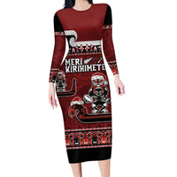New Zealand Christmas Long Sleeve Bodycon Dress Meri Kirihimete Aotearoa Warrior on Waka with Maori Art Tattoo LT03 Long Dress Red - Polynesian Pride