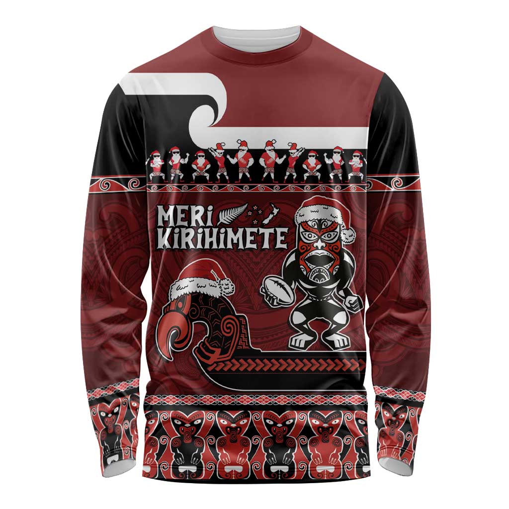 New Zealand Christmas Long Sleeve Shirt Meri Kirihimete Aotearoa Warrior on Waka with Maori Art Tattoo LT03 Unisex Red - Polynesian Pride