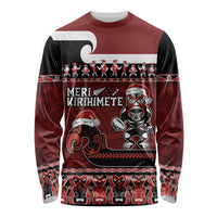 New Zealand Christmas Long Sleeve Shirt Meri Kirihimete Aotearoa Warrior on Waka with Maori Art Tattoo LT03 Unisex Red - Polynesian Pride