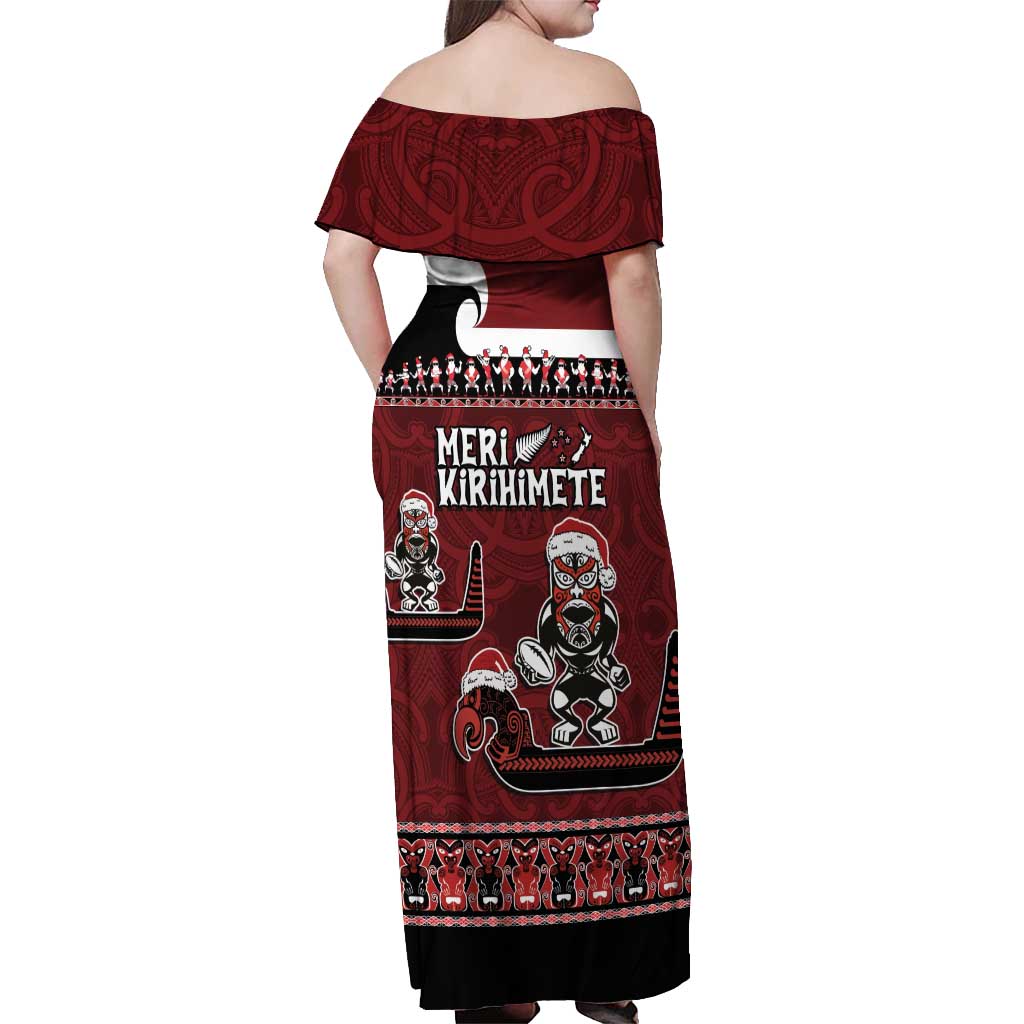 New Zealand Christmas Off Shoulder Maxi Dress Meri Kirihimete Aotearoa Warrior on Waka with Maori Art Tattoo LT03 - Polynesian Pride