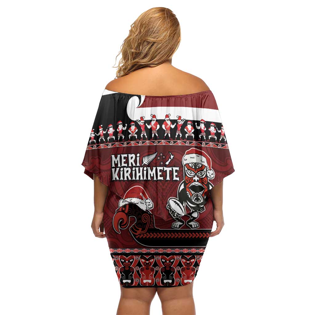 New Zealand Christmas Off Shoulder Short Dress Meri Kirihimete Aotearoa Warrior on Waka with Maori Art Tattoo LT03 - Polynesian Pride