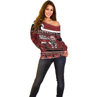 New Zealand Christmas Off Shoulder Sweater Meri Kirihimete Aotearoa Warrior on Waka with Maori Art Tattoo LT03 - Polynesian Pride