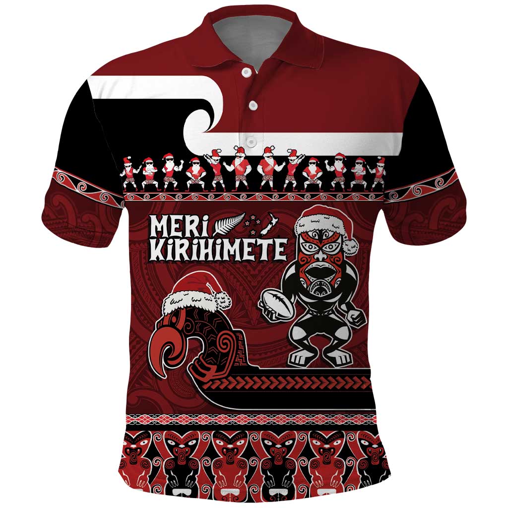 New Zealand Christmas Polo Shirt Meri Kirihimete Aotearoa Warrior on Waka with Maori Art Tattoo LT03 Red - Polynesian Pride