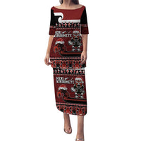 New Zealand Christmas Puletasi Meri Kirihimete Aotearoa Warrior on Waka with Maori Art Tattoo LT03 Long Dress Red - Polynesian Pride