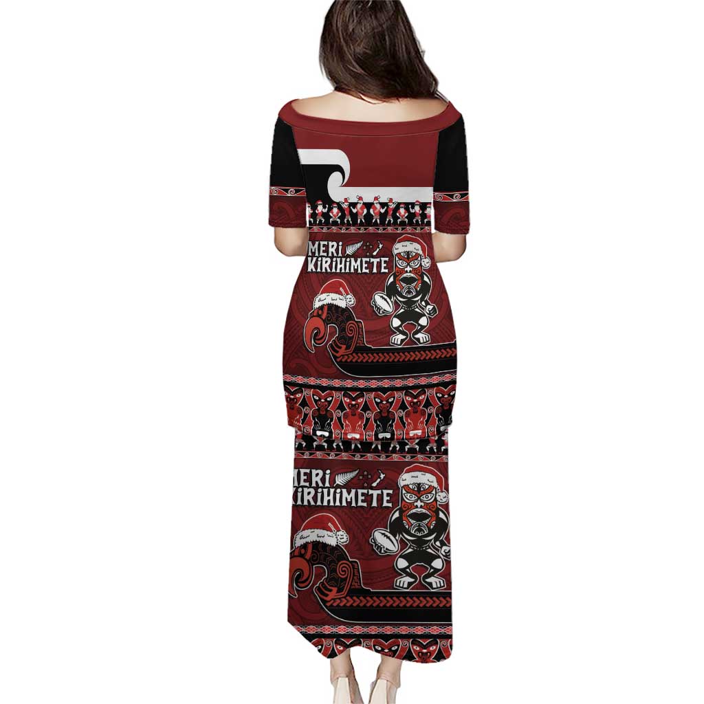 New Zealand Christmas Puletasi Meri Kirihimete Aotearoa Warrior on Waka with Maori Art Tattoo LT03 - Polynesian Pride