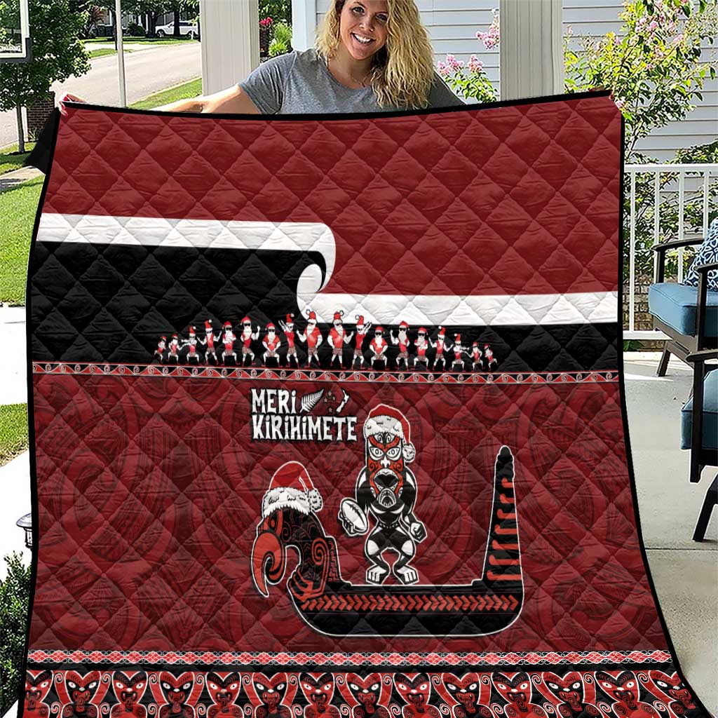 New Zealand Christmas Quilt Meri Kirihimete Aotearoa Warrior on Waka with Maori Art Tattoo LT03 Red - Polynesian Pride