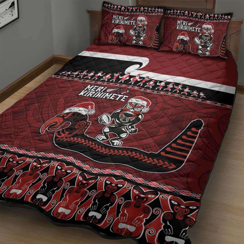 New Zealand Christmas Quilt Bed Set Meri Kirihimete Aotearoa Warrior on Waka with Maori Art Tattoo LT03 - Polynesian Pride